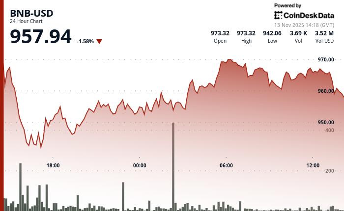 由于技术面不利因素导致股价进一步下跌，BNB跌破960美元。
